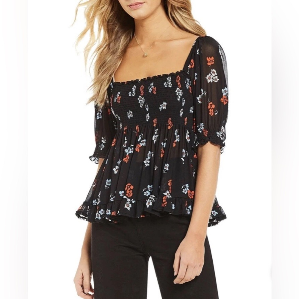 Free People Floral Black Smocked Women's Top Size L